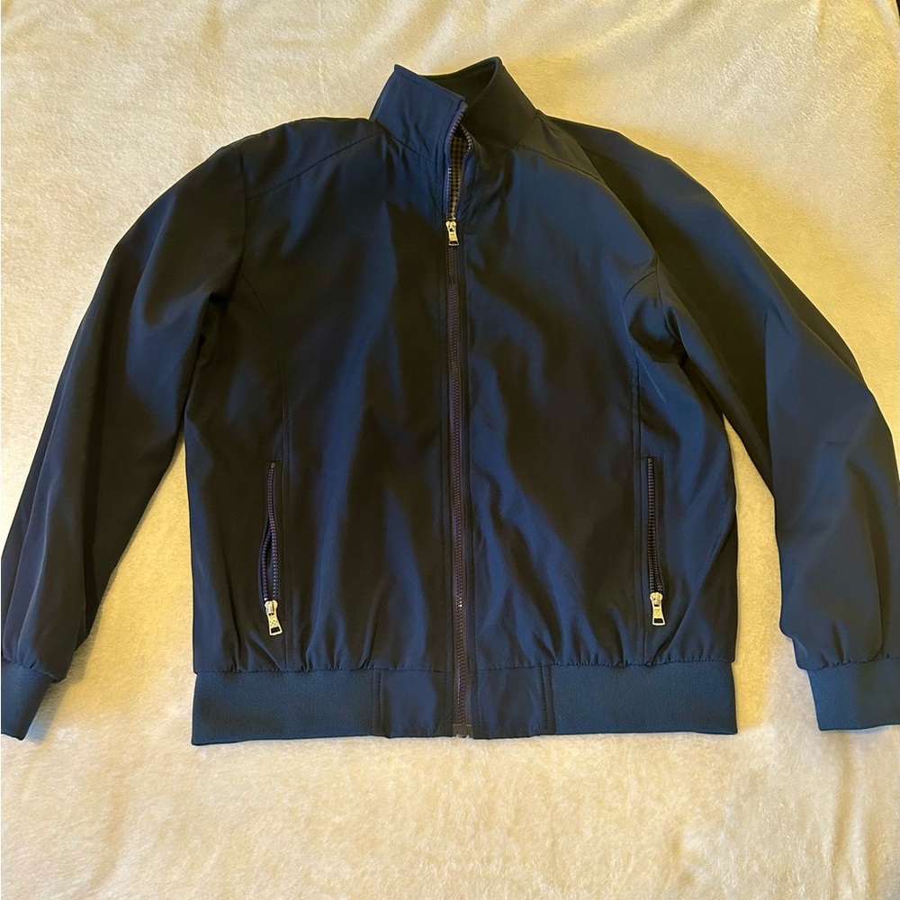 Navy Blue Windbreaker with Stand-Up Collar and Fitted Silhouette